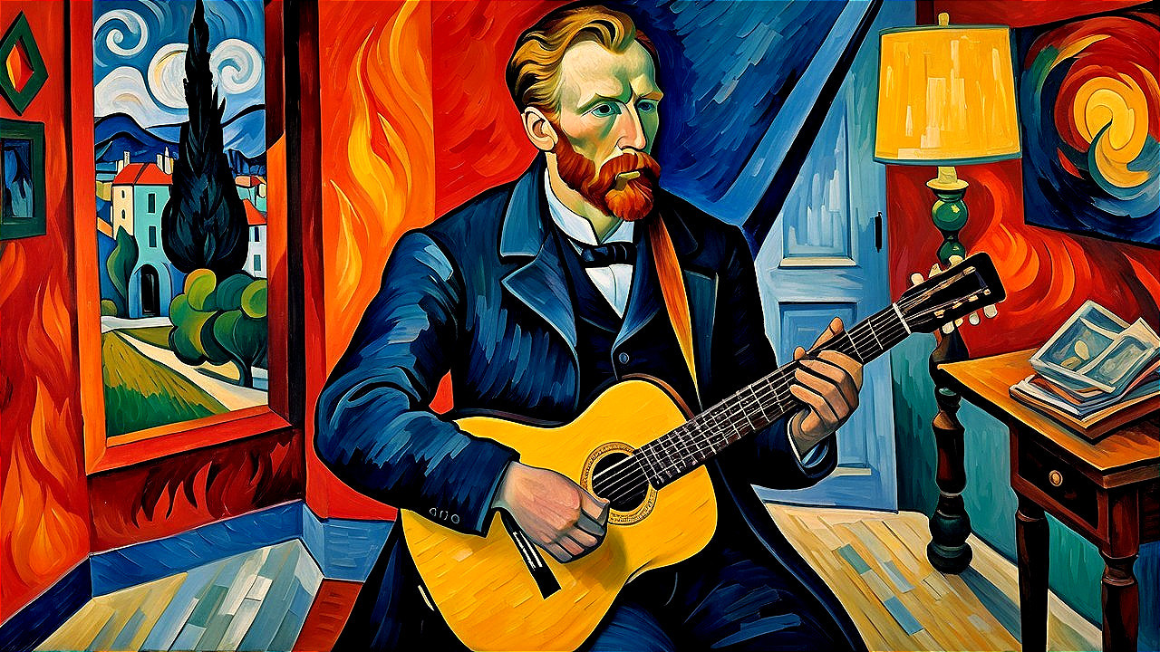 Cubist Painting of a Guitarist with Red Beard