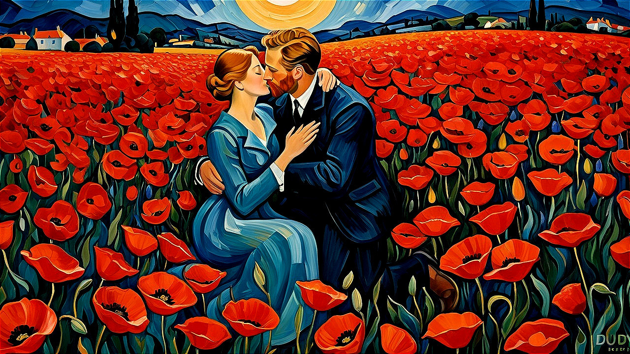 Romantic Couple Embracing in a Poppy Field at Sunset
