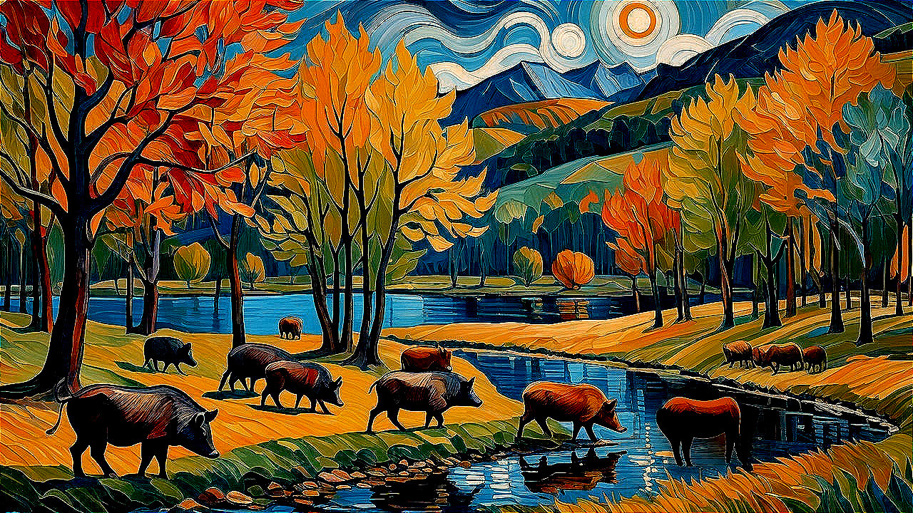 Vibrant Autumn Landscape with Cattle and Mountains