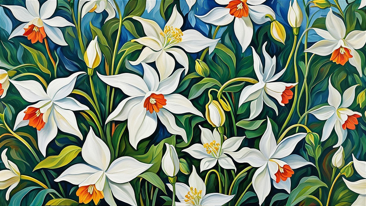 Vibrant Floral Scene with White Orchids and Green Foliage