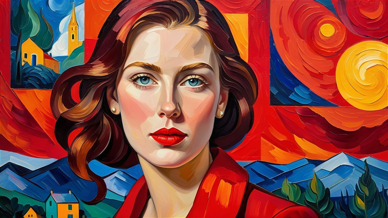 Portrait of a woman with auburn hair and red lips
