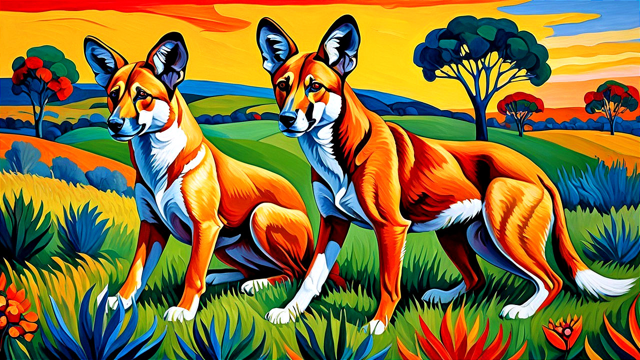 Vibrant Dogs in Colorful Landscape at Sunset