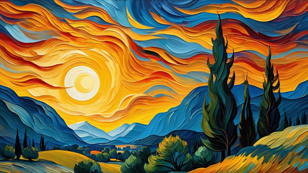 Vibrant Landscape Painting of Sunset and Cypress Trees