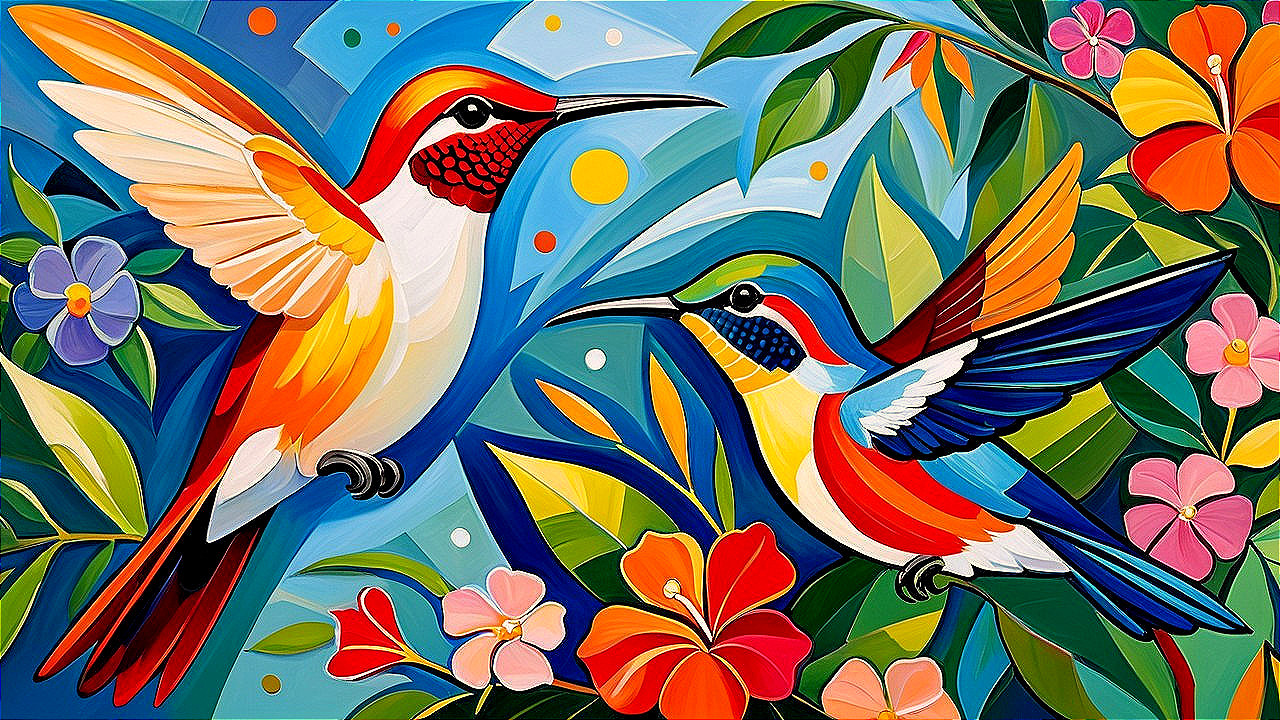 Colorful Painting of Hummingbirds in Tropical Foliage