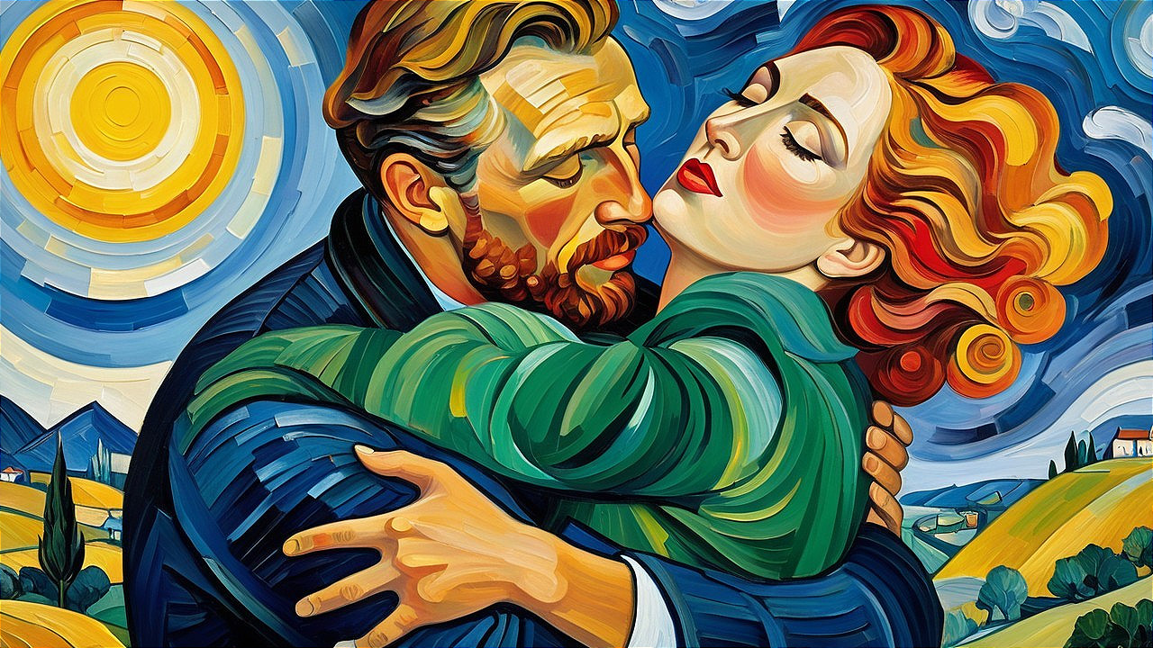 Vibrant Embrace of a Couple in Bold Colors