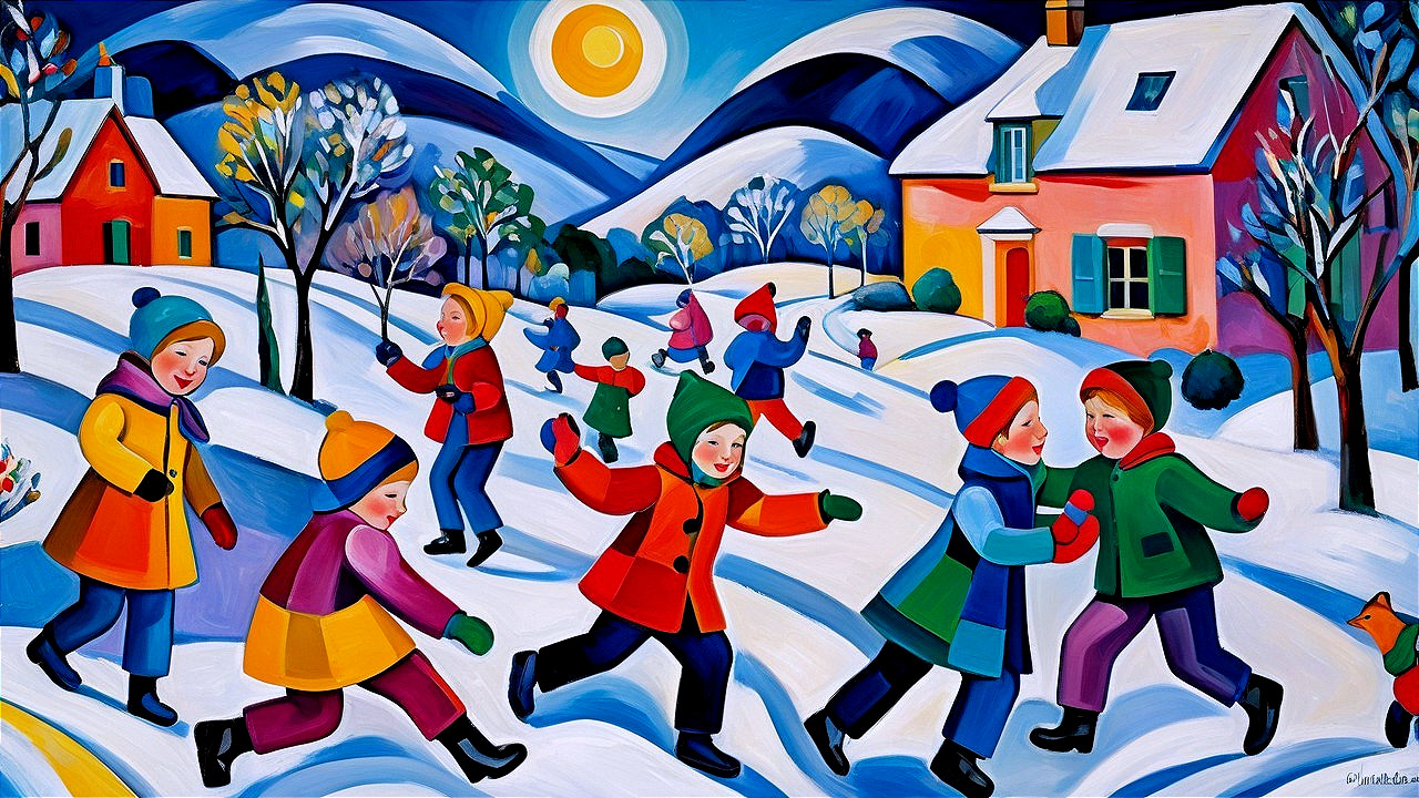 Vibrant Winter Scene with Children Playing in Snow