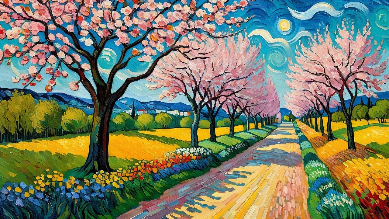 Vibrant Spring Landscape with Cherry Blossoms and Road