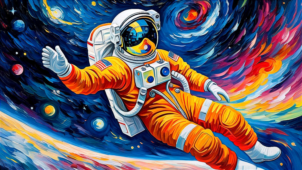 Astronaut in Orange Suit Surrounded by Cosmic Galaxies