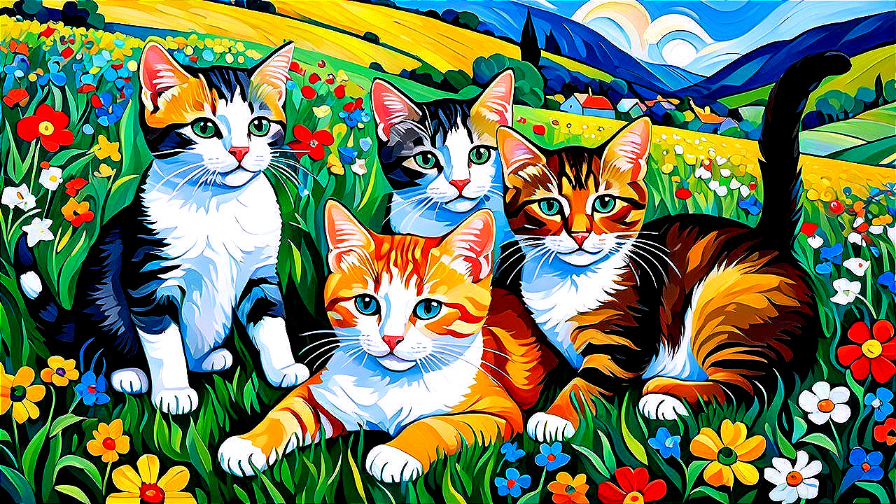 Colorful Illustration of Cats in a Flower Meadow