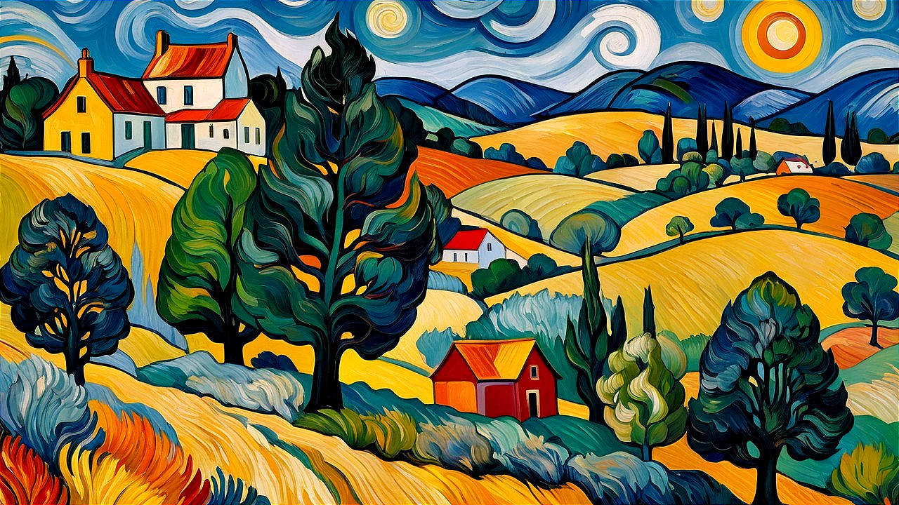 Vibrant Rolling Landscape with Colorful Fields and Sky