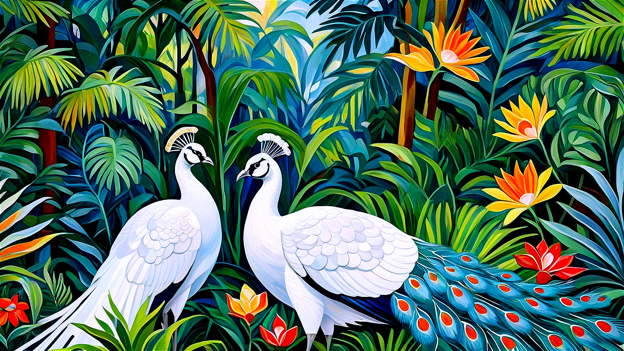 White Peacocks in a Colorful Jungle Setting