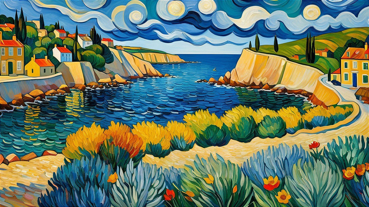 Fauvist Painting of Coastal Village and Seascape