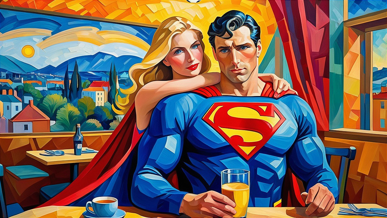 Stylized Superhero Portrait in Cozy Café Setting