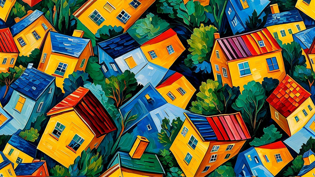 Colorful Abstract Painting of Whimsical Houses