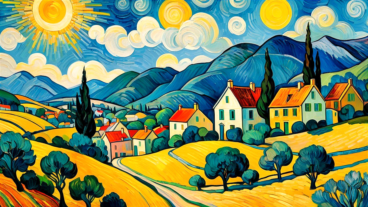 Vibrant Landscape with Rolling Hills and Quaint Village