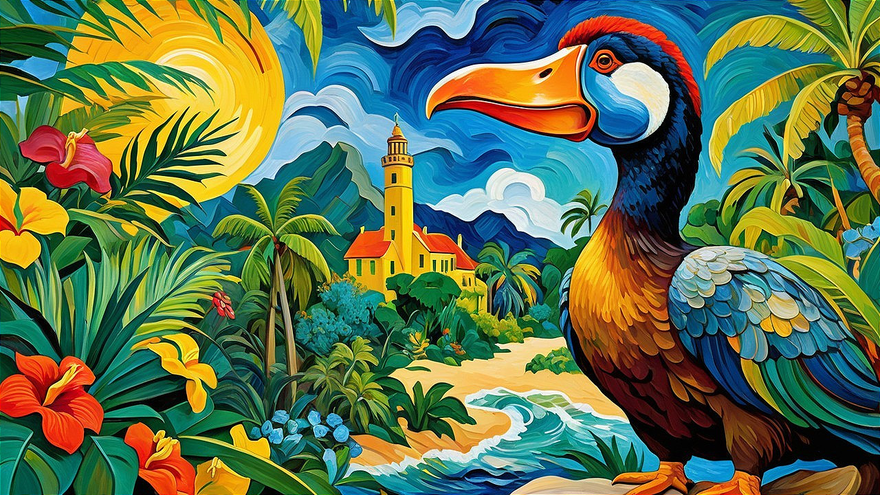 Tropical Landscape with Colorful Bird and Lighthouse