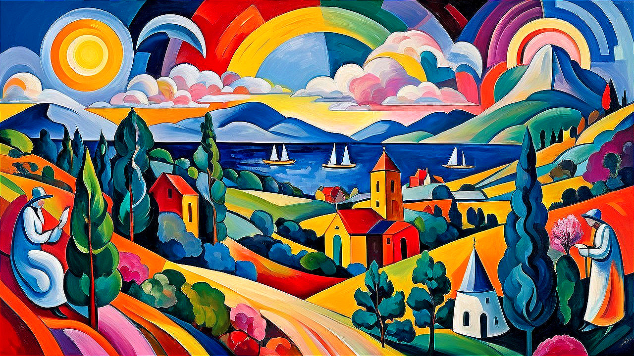 Vibrant Landscape with Hills, Lake, and Sailboats