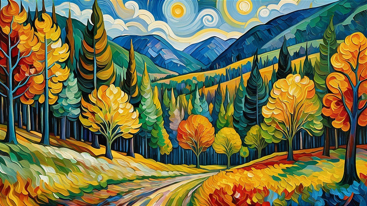 Autumn Landscape with Winding Path and Colorful Trees