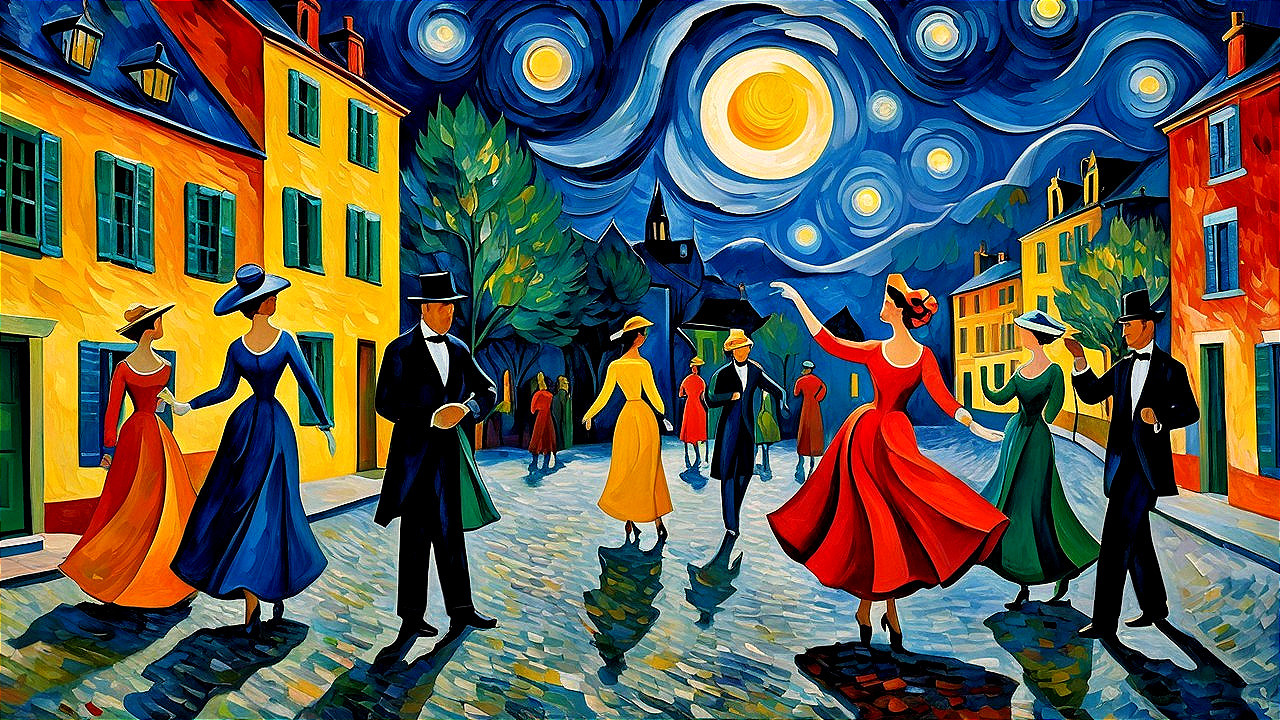 Impressionistic Night Scene in a European Town Square