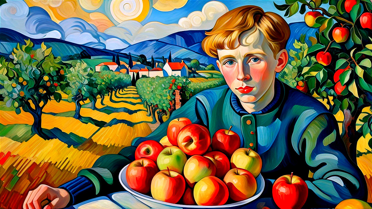 Young boy at table with apples in vibrant landscape