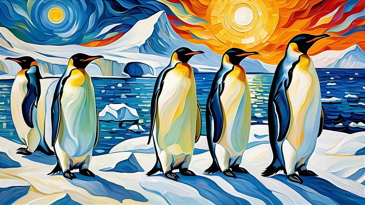 Colorful Penguins on Icy Landscape at Sunset