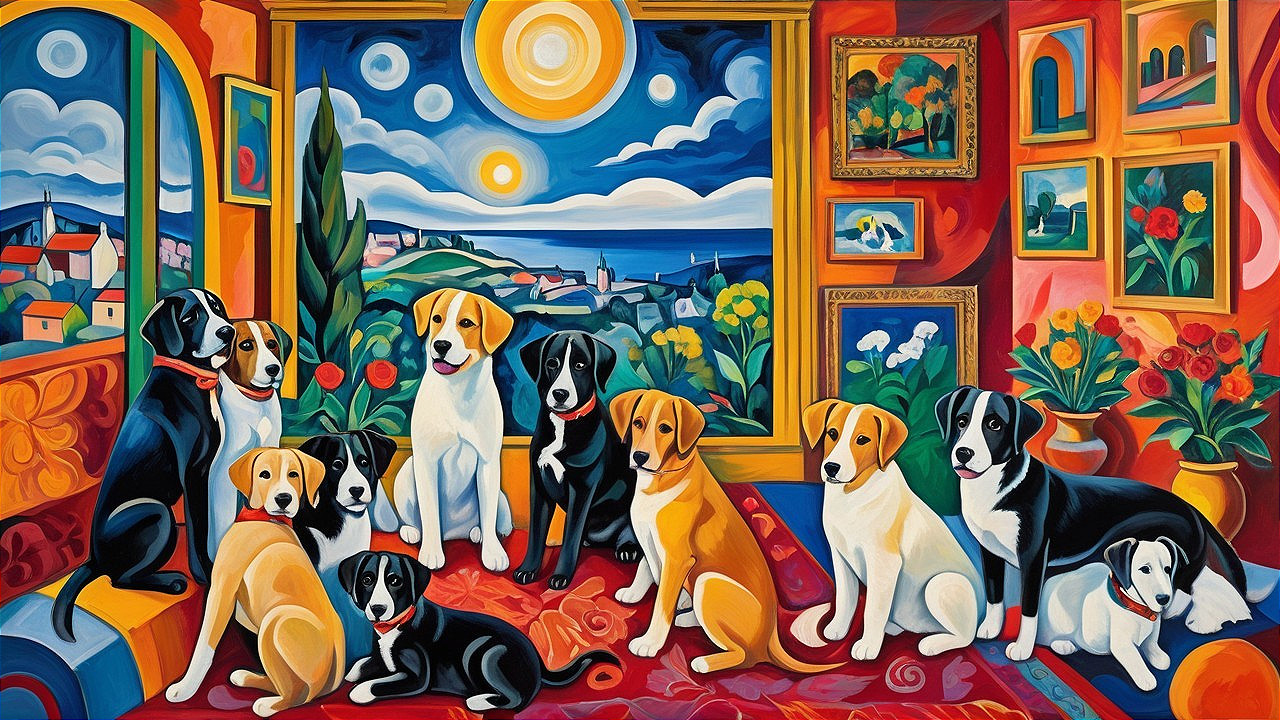 Colorful Painting of Ten Playful Dogs in Cozy Room