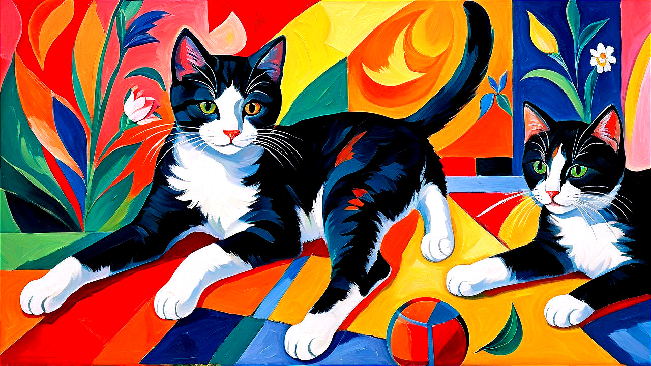 Playful Black and White Cats on Abstract Colorful Background