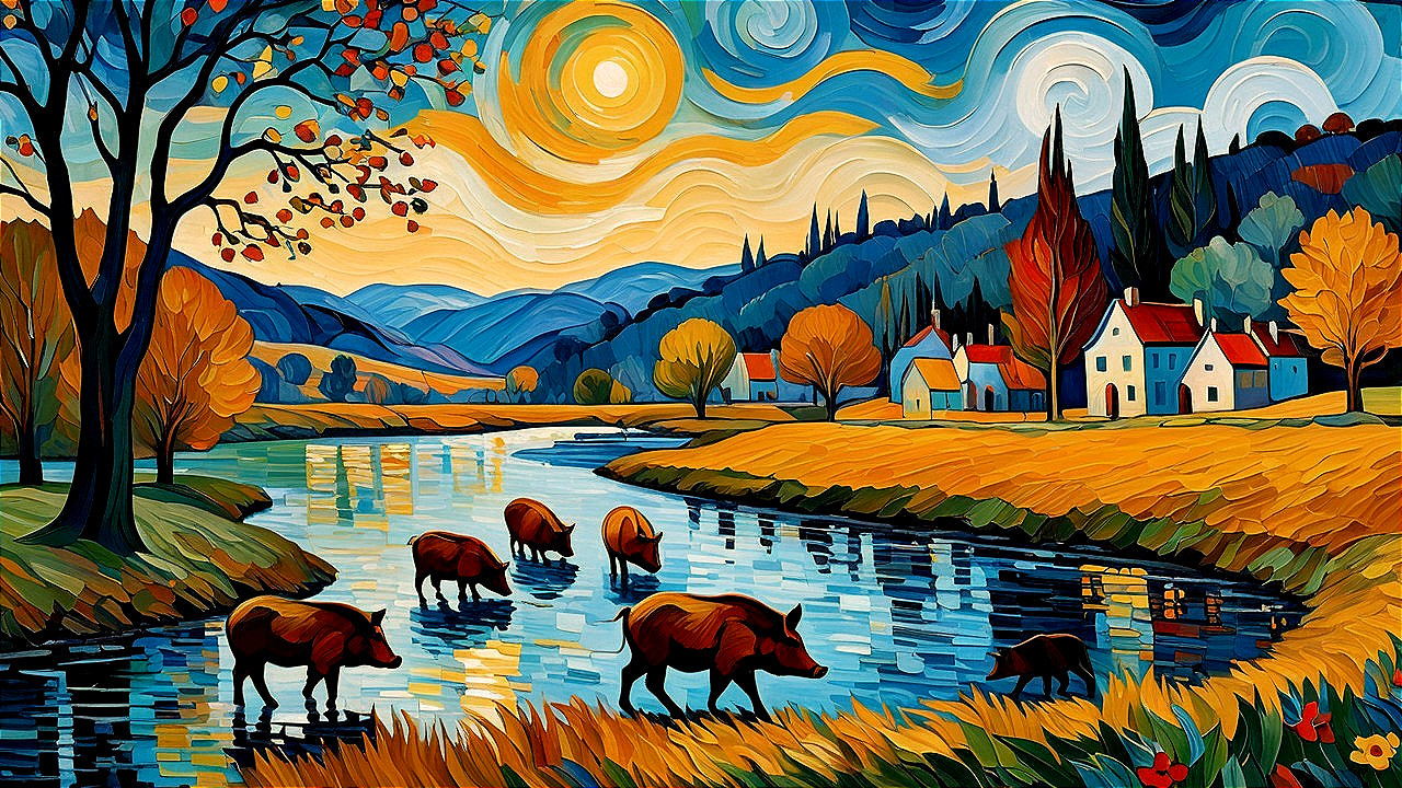 Colorful Landscape with River and Grazing Cows