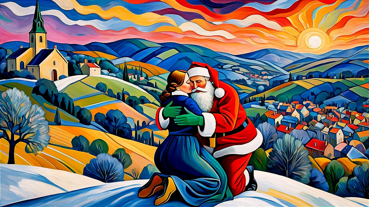 Modern Impressionist Painting of Santa Claus Embracing Woman