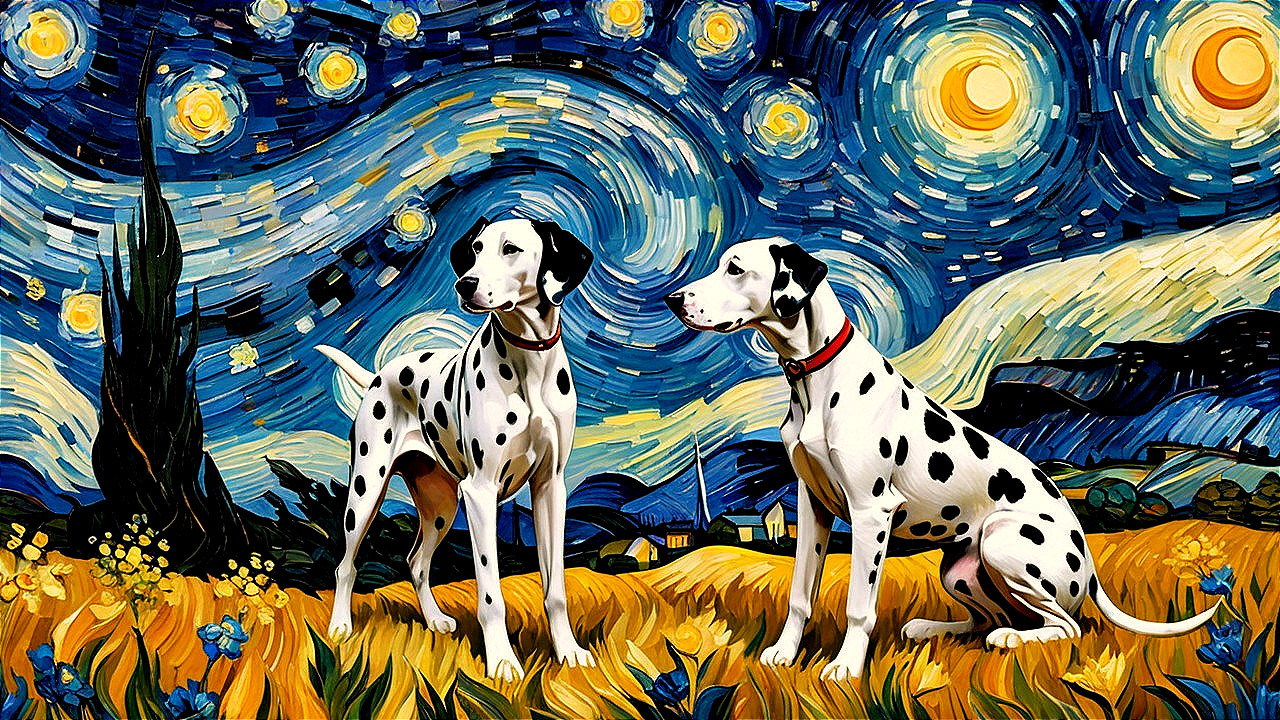 Dalmatian Dogs in a Starry Night Landscape