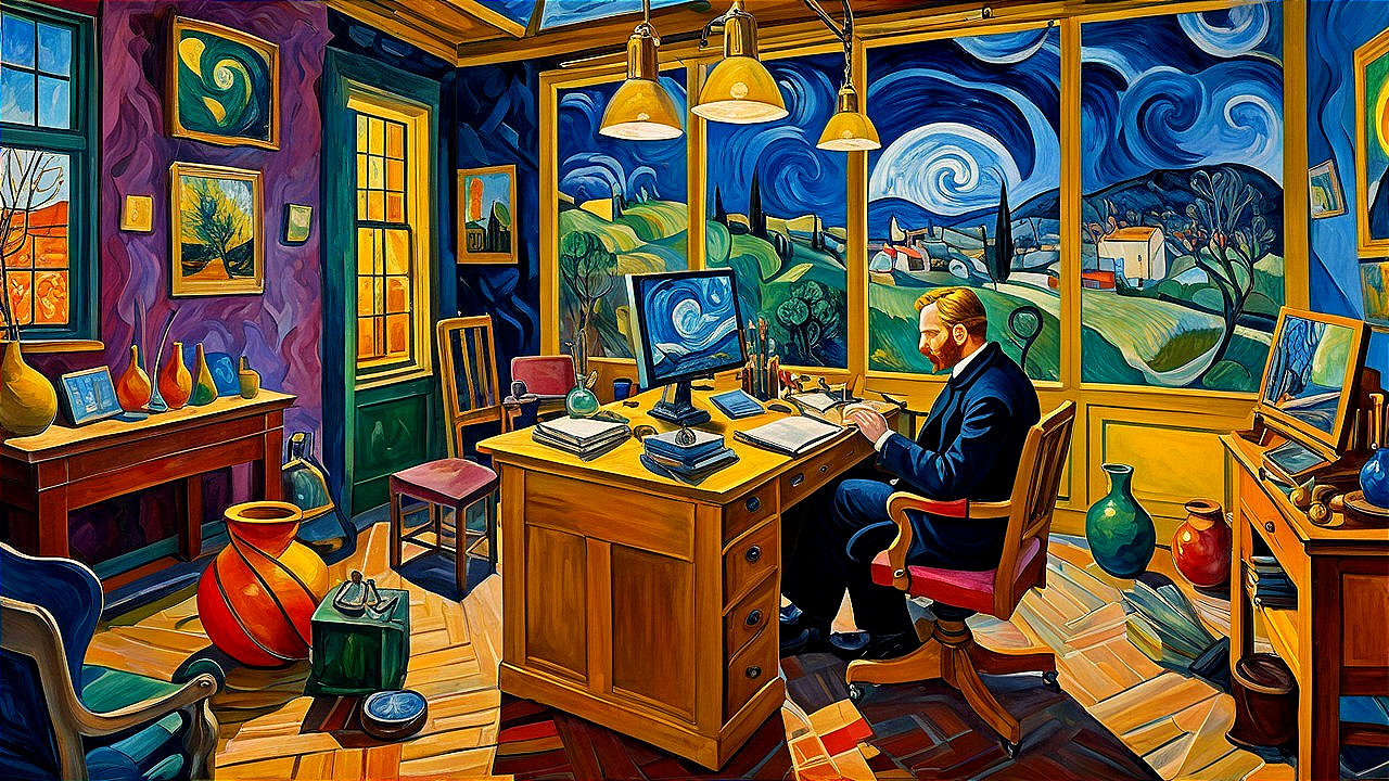 Vibrant Interior Study Room with Starry Night View