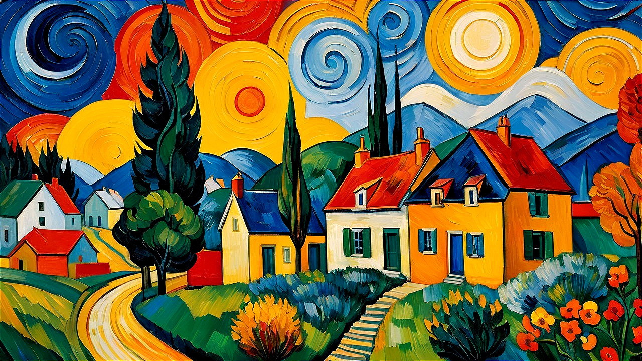 Vibrant Fauvist Painting of a Rural Village Landscape