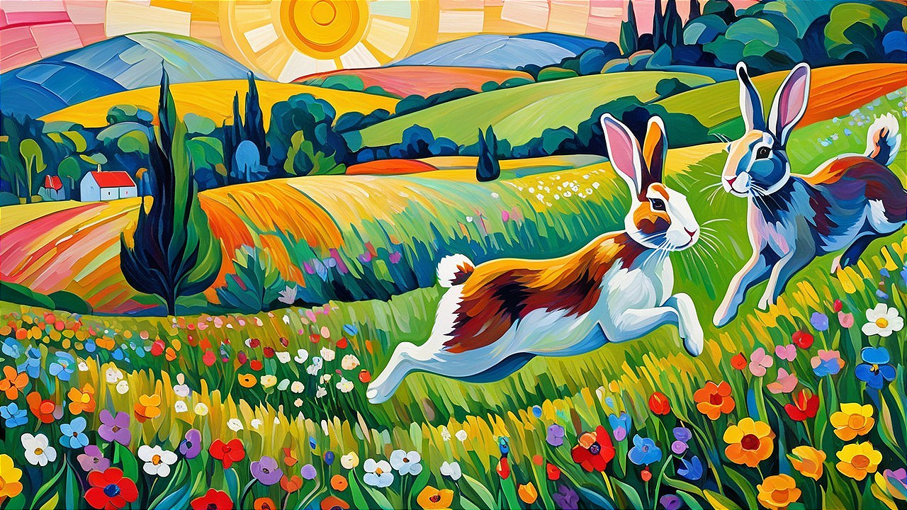 Playful Rabbits in a Colorful Spring Landscape