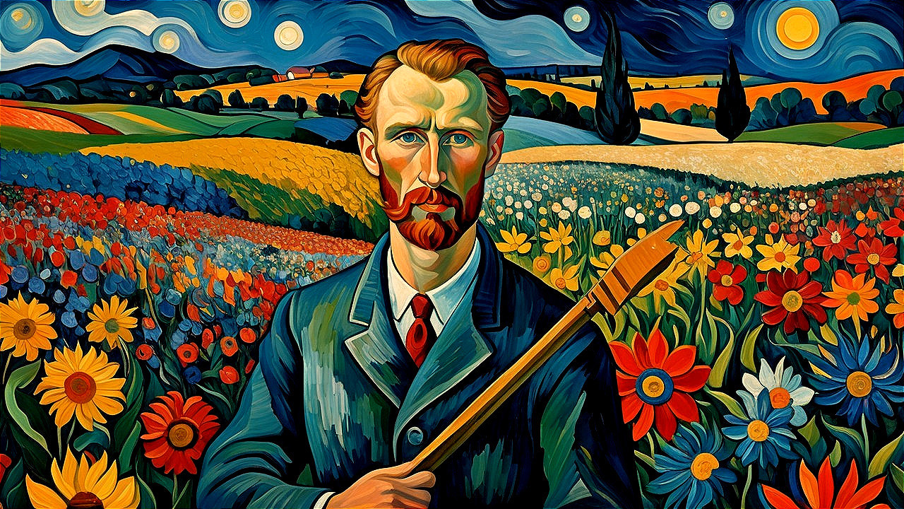 Colorful Portrait of a Man in a Flowering Landscape