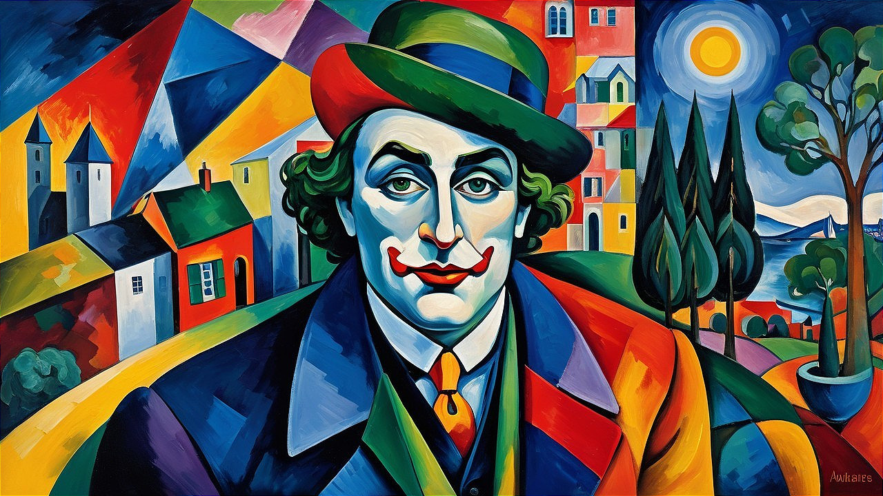Vibrant Expressionist Clown Portrait with Whimsical Background