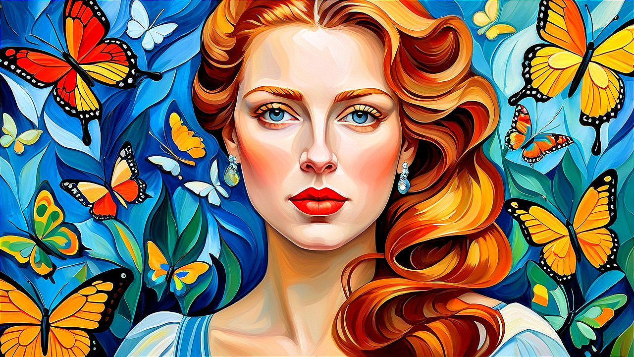 Portrait of a woman with red hair and blue eyes