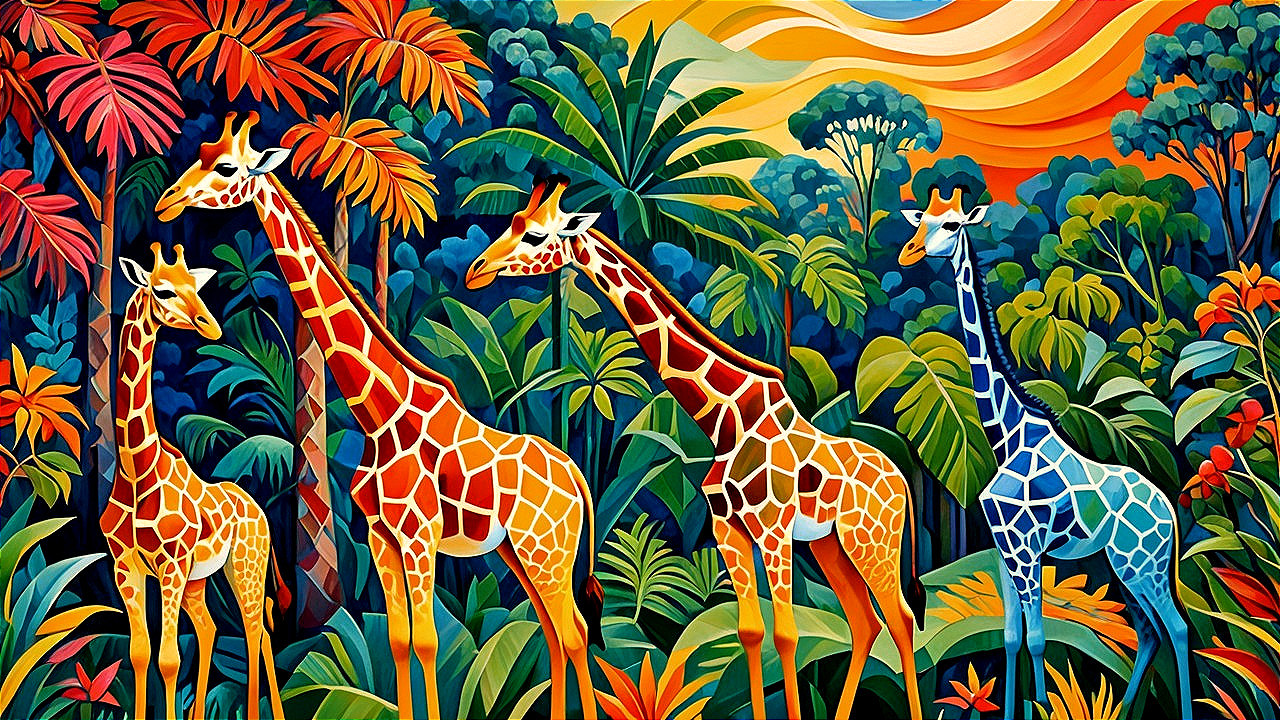 Colorful Giraffes in Tropical Foliage Artwork