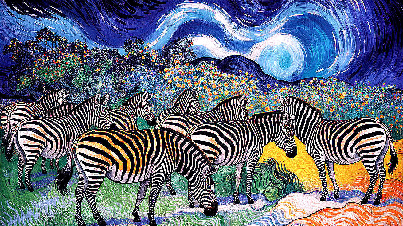 Surreal Zebras Grazing in a Colorful Landscape