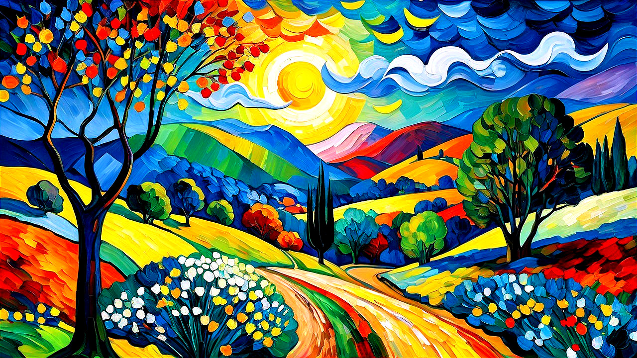 Vibrant Landscape of Rolling Hills and Colorful Foliage