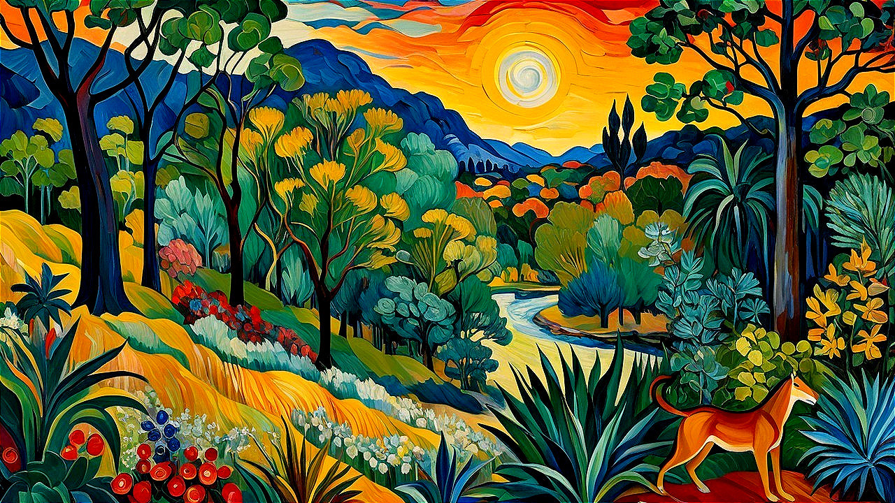 Vibrant Landscape with Colorful Sky and River