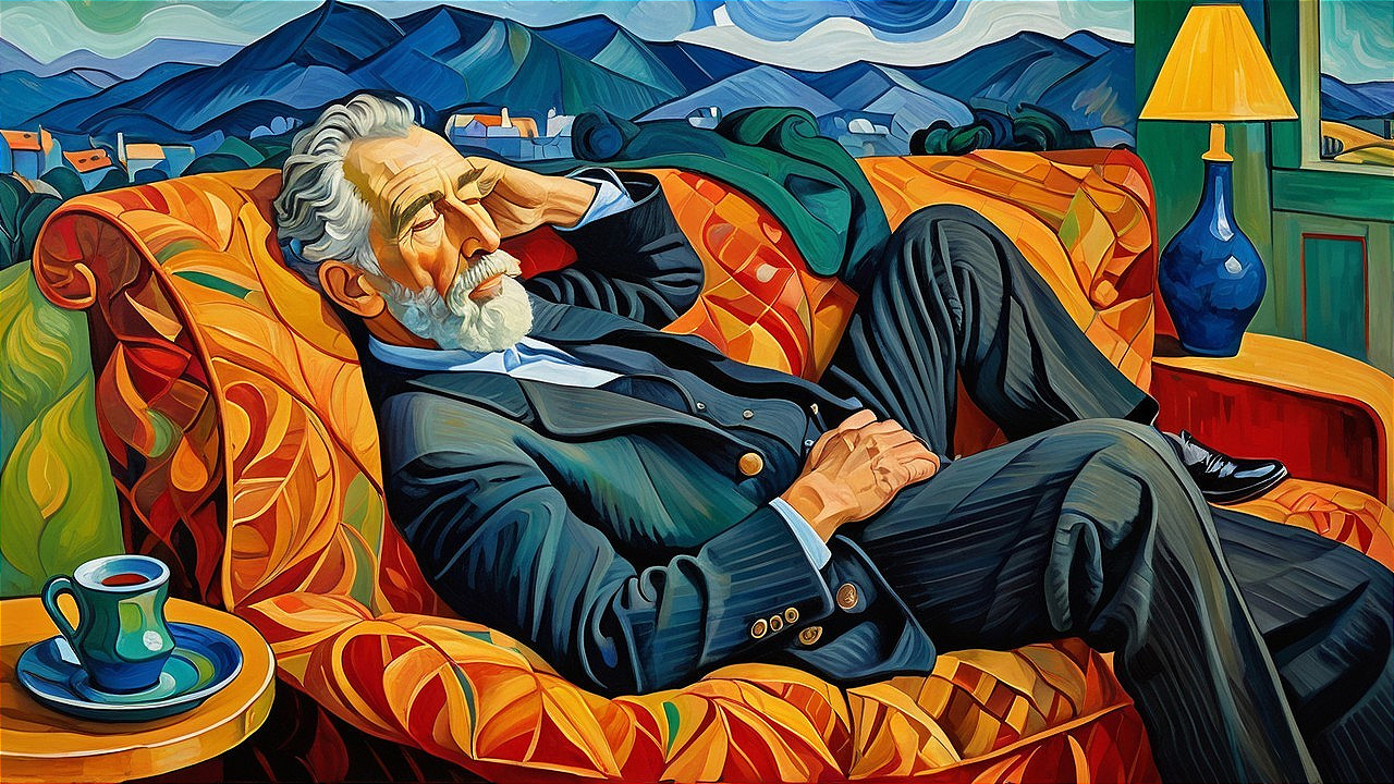 Elderly Man in Suit on Orange Couch with Scenic Background