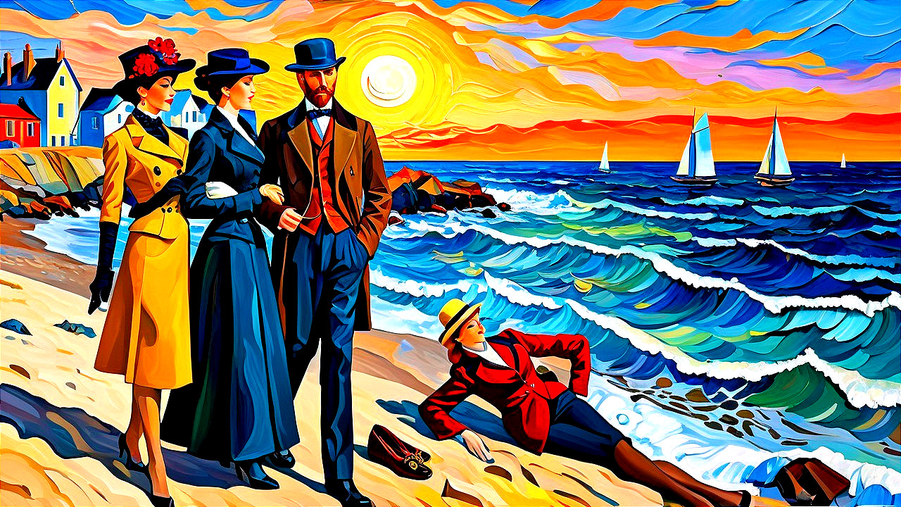 Colorful Beach Scene at Sunset with Elegant Figures