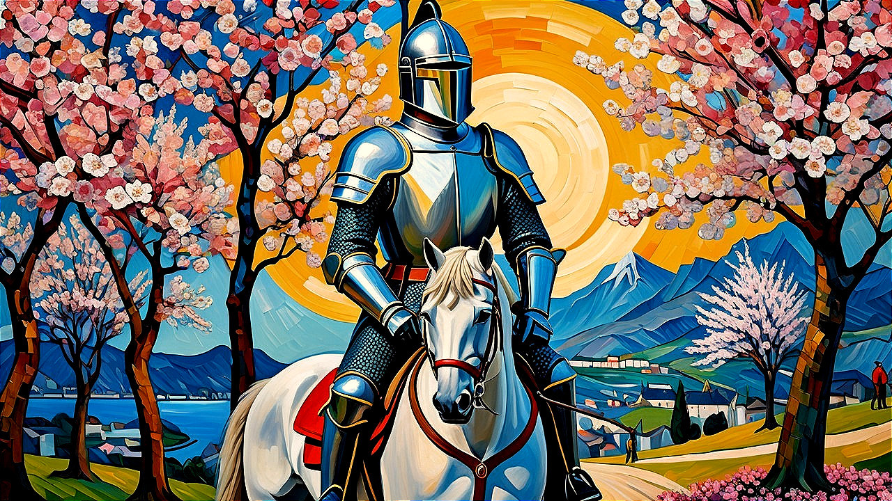 Knight on Horse Amid Cherry Blossoms and Mountains