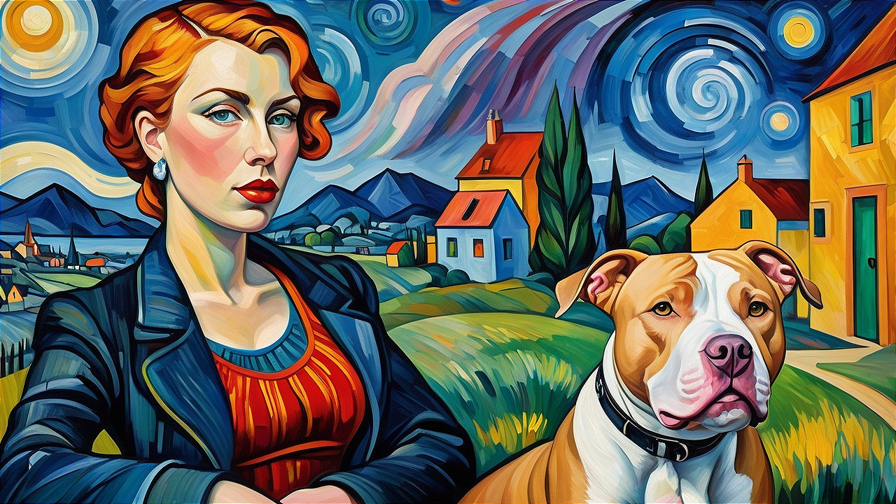 Vibrant Painting of Woman with Dog in Scenic Landscape