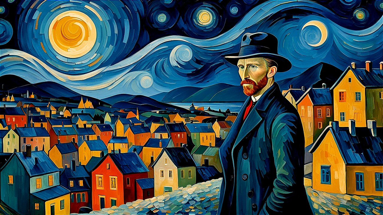 Vibrant Night Sky with Man Overlooking Town