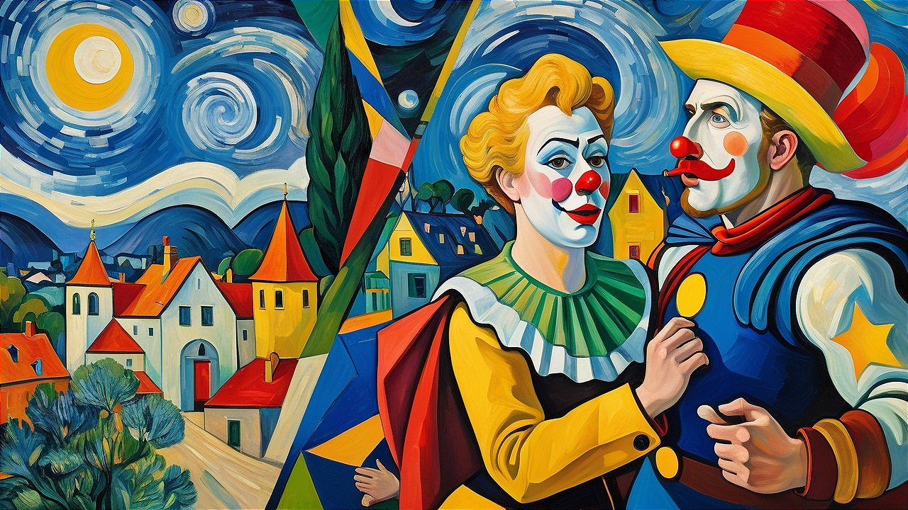 Surreal Night Sky with Clowns in Vibrant Costumes