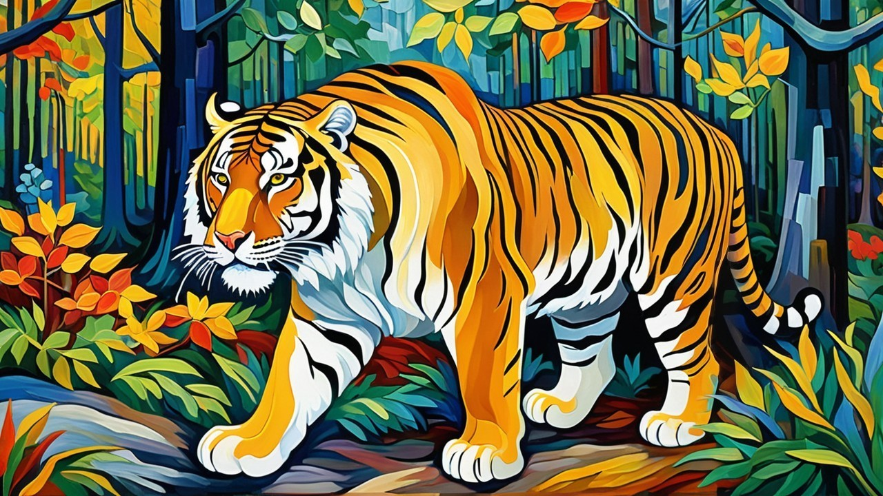 Vibrant Painting of a Tiger in a Lush Forest
