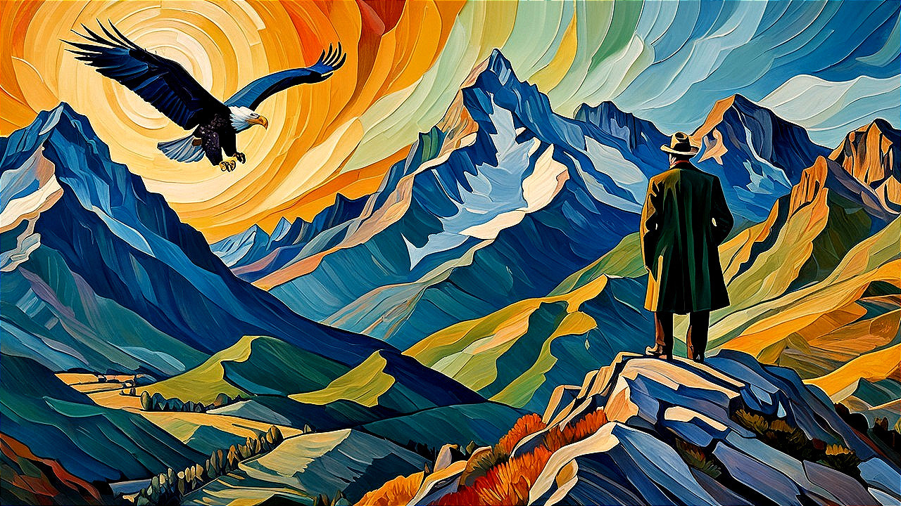 Man in Dark Coat Overlooking Colorful Mountain Landscape