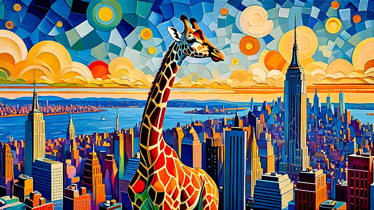 Cubist Painting of Giraffe Against Cityscape Background