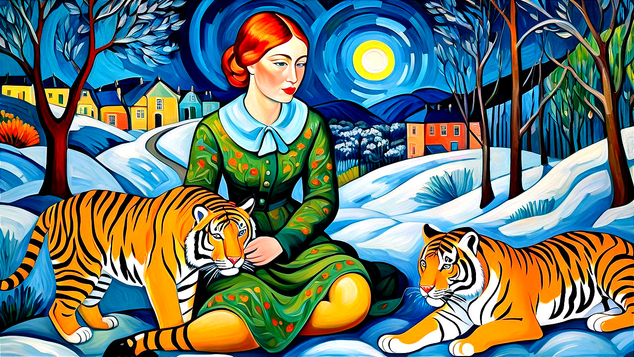 Woman in Green Dress with Tigers in Snowy Landscape
